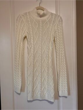 Cream Cable Knit Mock Neck Open Back Sweater Dress